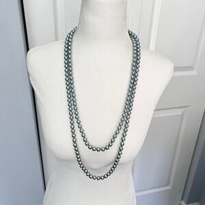 Vintage long silver pearl necklace with fish hook clasp